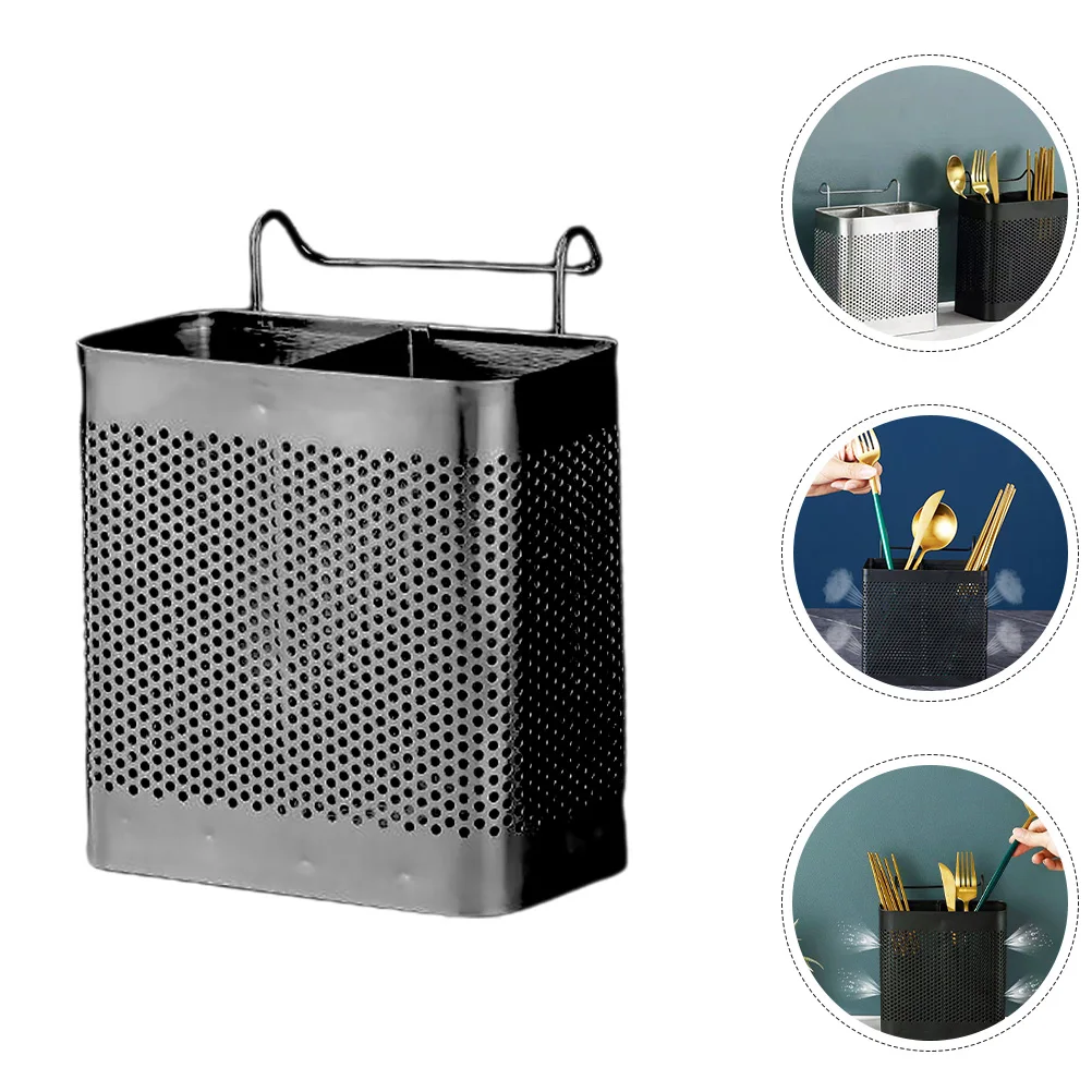 

1pcs Stainless Steel Hanging Chopstick Barrel Black Draining Rack Utensil Holder Cutlery Drying Box Kitchen Storage Organizer