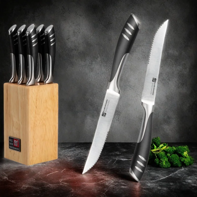 6-Piece Steak Knife Block Set High Carbon Stainless Steel Table Knife And Table Fork Set Double Forged Full Handle Dinner Knife