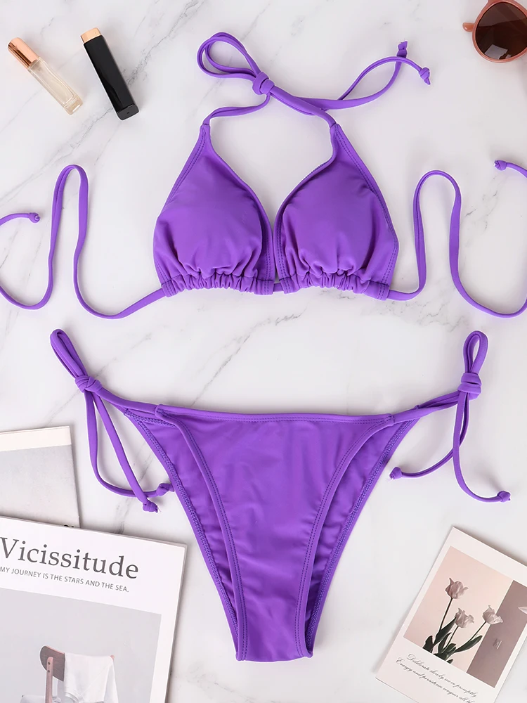 

2025 Fashionable Women's Two-Piece Set Swimwear Beach Wear Sexy Solid Lady Bikinis Set Triangle Thong Swimwear String Beachwear