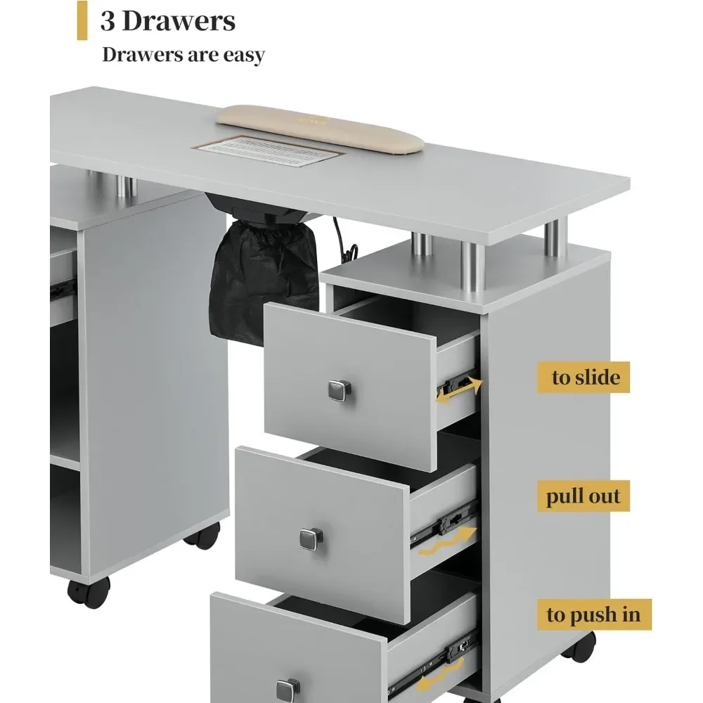 Manicure Table Nail Desk w/Electric Dust Collector & Wrist Rest Cushion, Station w/Lockable WheelsAcetone Resistant Nail Table