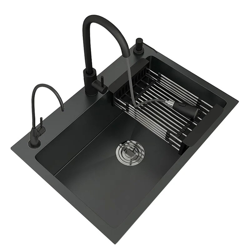 Sink,Cross-Border Direct Supply Nano-Black Polished Surface Stainless Steel New Chinese Style Kitchen Sink Large Single Basin Dr
