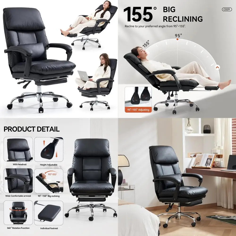 كرسي مكتب مريح من جلد البولي يوريثان عالي الظهر مع مسند للقدمين وأذرع للحوسبة الدوارة المريحة