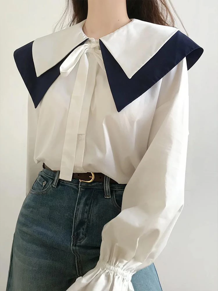 

2025 Autumn New Japanese Style Long Sleeve Women White Shirt Kawaii Sailor Collar Button Up Blouse Casual Female Clothing Tops