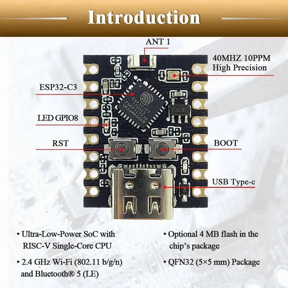 Imagem -03 - Mini Placa de Desenvolvimento Wifi Módulo bt Processador Single-core Tipo-c Esp32-c3 Risc-v 32 Bits Esp32-c3 16pin