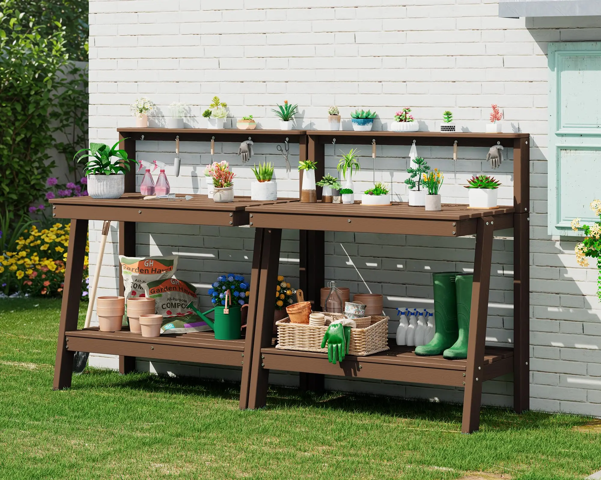 3-Tier Outdoor Potting Bench with Storage,Gardening Table,Brown,2PC