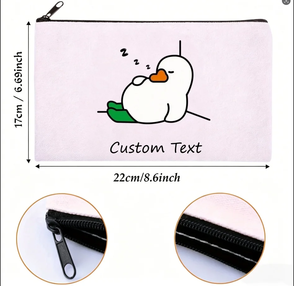 1PC Custom Text Cute Sleeping Duck Cosmetic Bag Personalized Canvas Zipper Makeup Storage Pouch