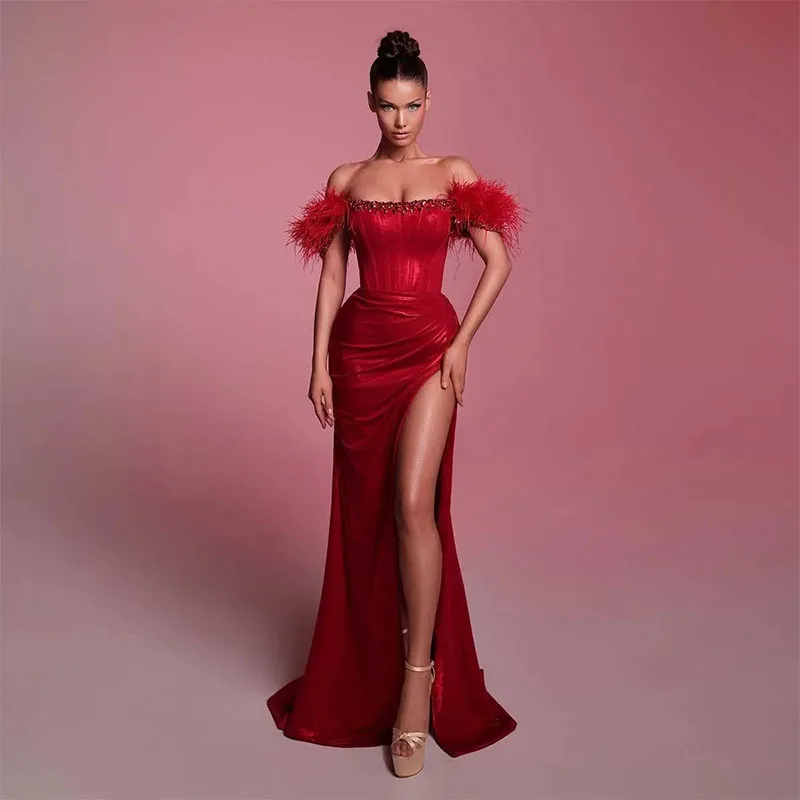 

Gorgeous Red Mermaid Prom Dresses Strapless High Slit Corset Long Evening Gown 2024 New Formal Party Dress