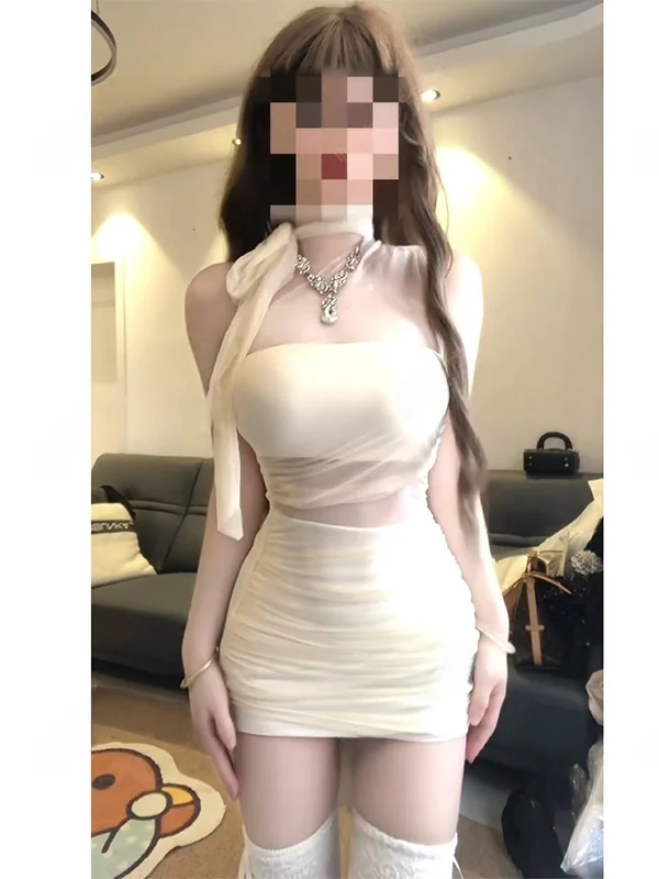 

Сексуальное облегающее платье с вырезами и сетчатыми вставками, с открытыми плечами и завязками на шее, для стройных девушек, плиссированное, обтягивающее, для города, на свидание, повседневное