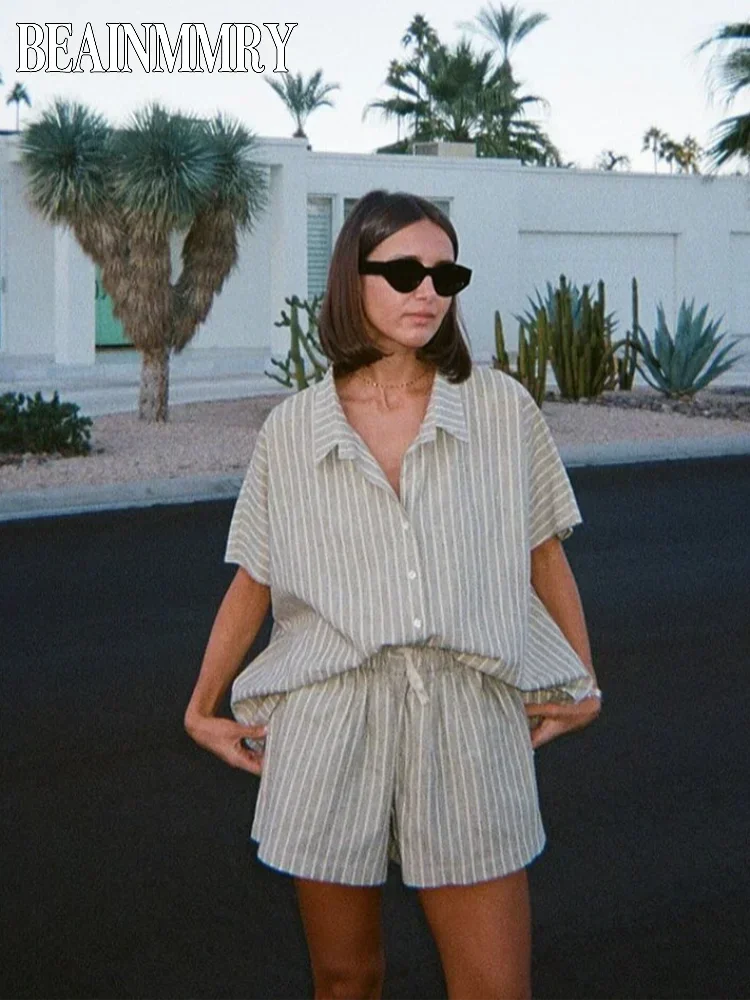 الصلبة القطن الكتان زر قميص مجموعة للنساء عادية مرونة الخصر واسعة الساق سراويل قصيرة دعوى 2025 الصيف التنقل اليومي الزي #2