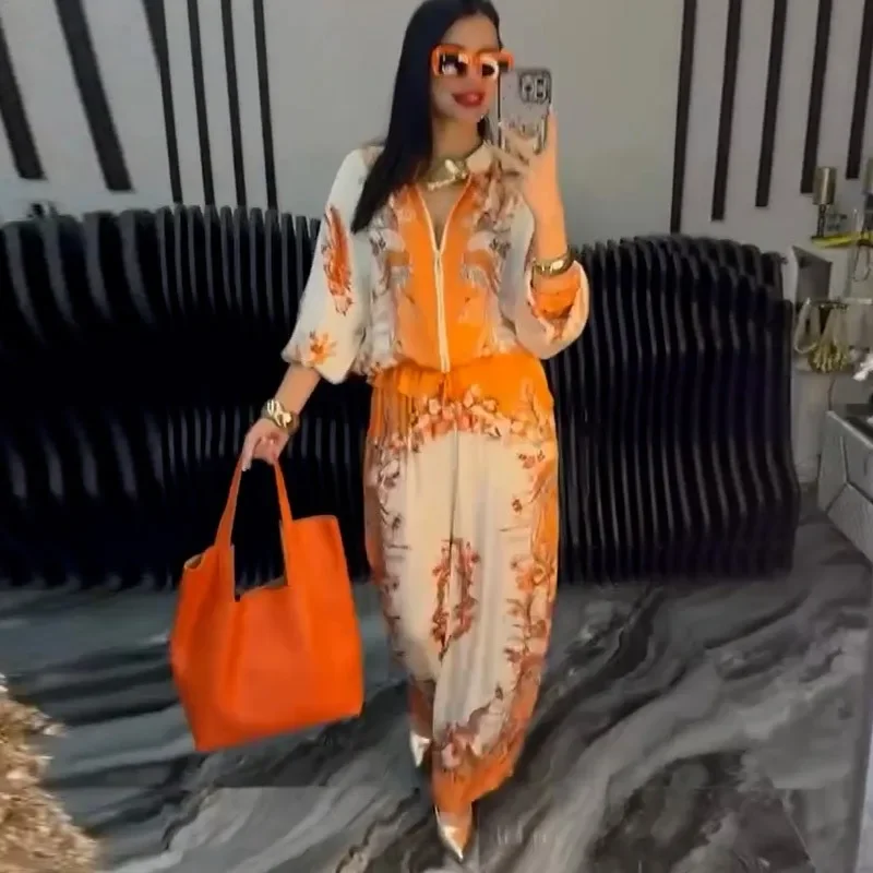 

2025 Новая мода, элегантный комплект из двух предметов с принтом, кардиган на молнии с завязками, топ с длинными рукавами + широкий костюм, брюки, комплект офисных дам