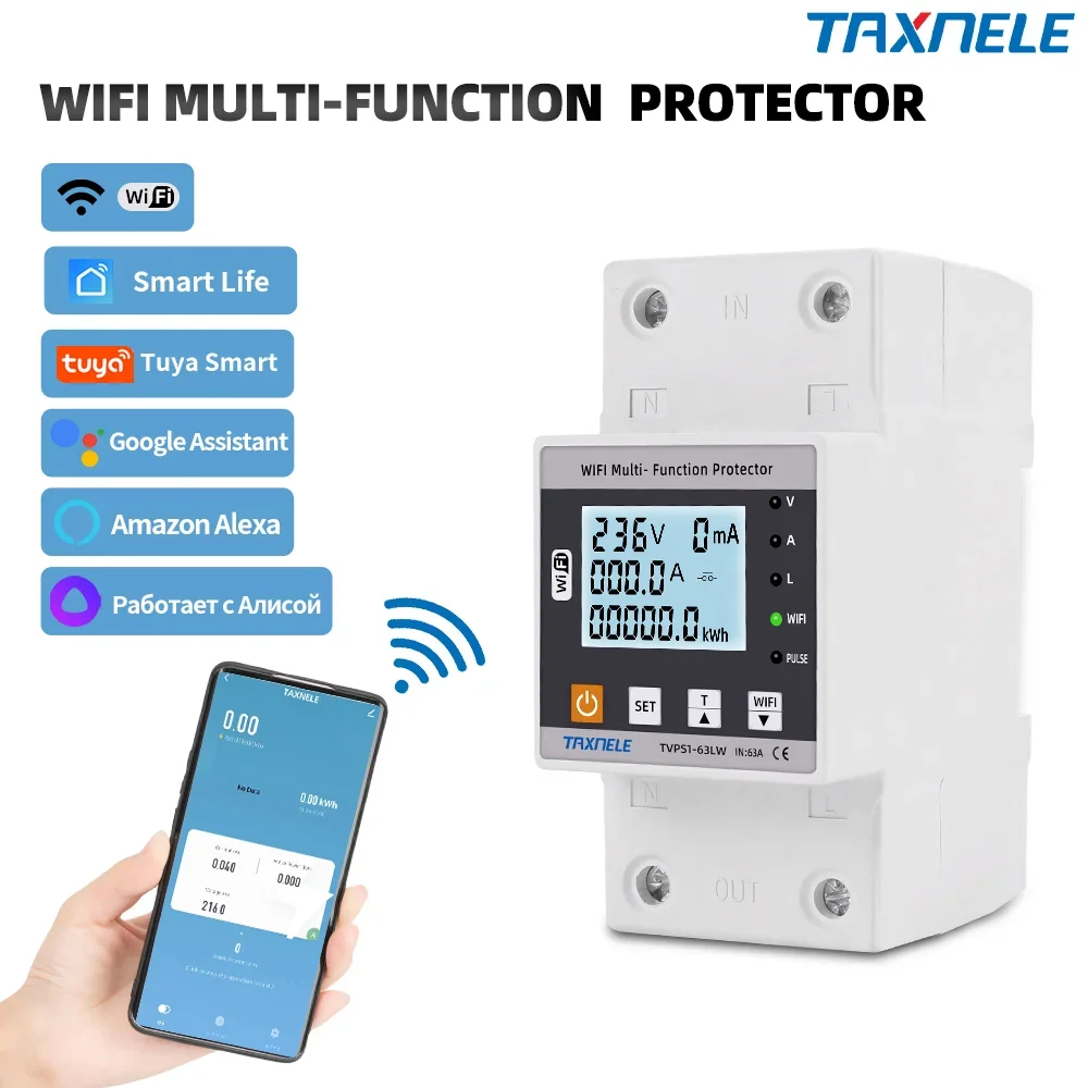 

63A Tuya WiFi Smart Earth Leakage Over Under Voltage Protector Relay Circuit Breaker Timer Energy Power kWh Meter Device