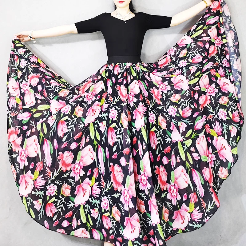 2024 Summer Elegant Long Skirt with Pink Floral Patterns , Skirts Womens , Female Skirt , Women\'s flowy skirtLong Skirt Summer