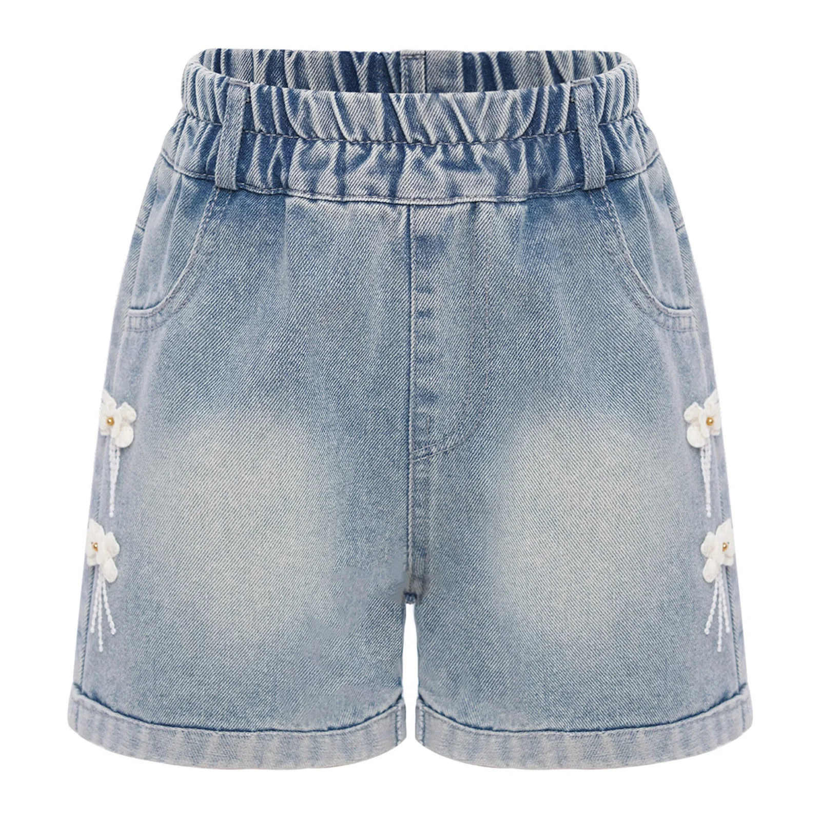 

Kids Girls Denim Shorts Blue Cute Bowknots Elastic Waistband Shorts Pants for Holiday Vacation Beach Picnic Park Casual Clothes