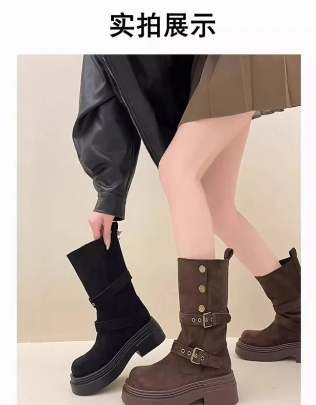 Modische Damen-Plateaustiefel im Western-Stil, 2-Wege-Trageoption, faltbarer Schaft, Wildleder, doppelte Schnalle, Herbst-Winter-Cowboystiefel – Detail 3