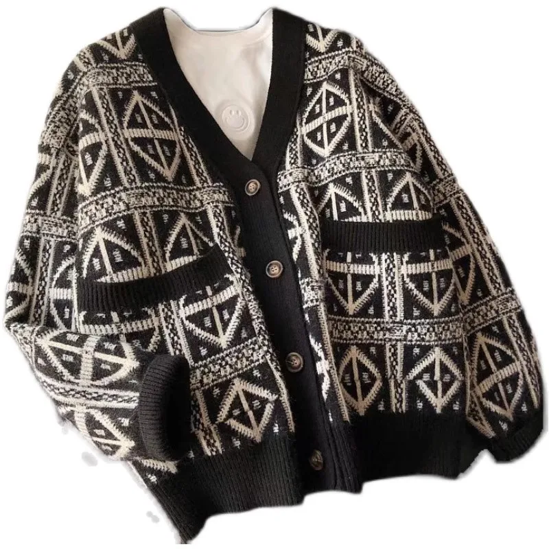 

Autumn Winter Double Knit Sweater Cardigan Men's Vintage Yarn Knitted Casual Outerwear V-ne Loose Thiened Jaet