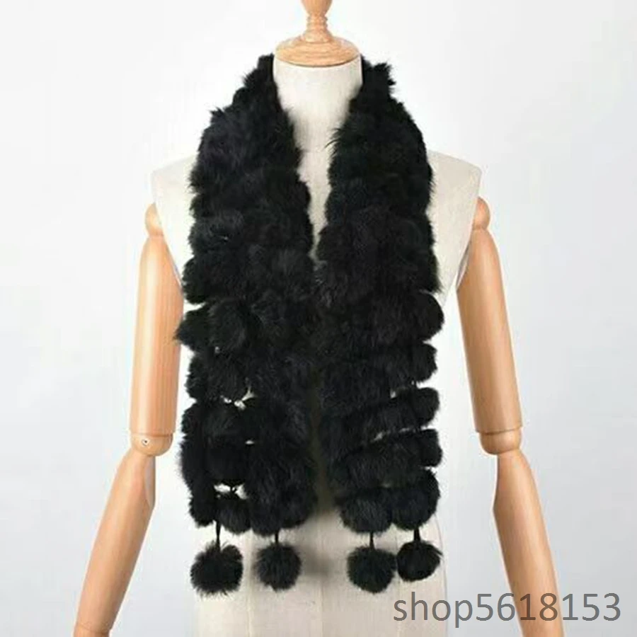 Women's winter warm black real rabbit fur round ball scarf hot selling natural rabbit fur scarf women's 100% genuine leather