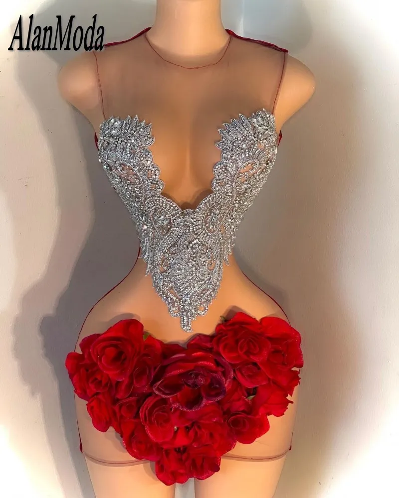 Luxury Rose Birthday Dresses For Women 2023 Rhinstone Beading See Through Short Prom Gowns Fitted Party Dress Vestidos De Gala