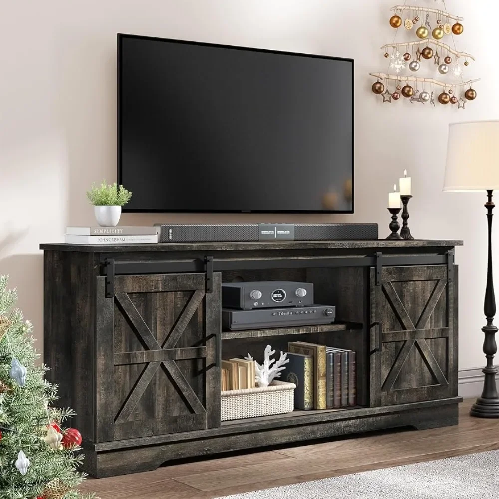 

TV Cabinet, 65/60/55 Inches, Sliding Barn Door, Wood Media Console, Living Room Storage, TV Cabinet, Dark Country Oak