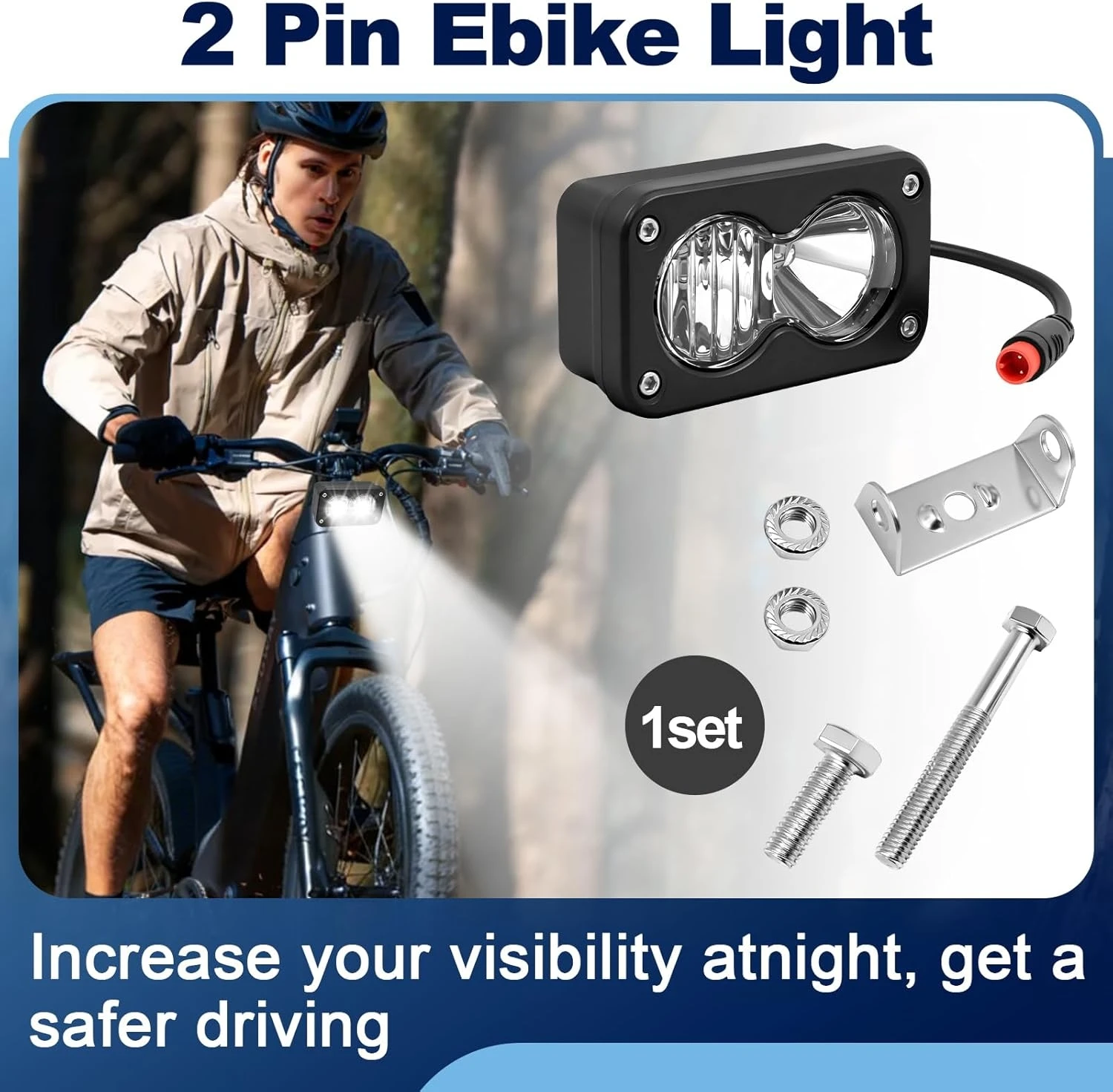 1Set 6000-6500K E-bike High Output White LED Headlight Fits Rad Power Vamoose Mammoth Bikes 60V 2 Pin Headlight for Rad Power Bi