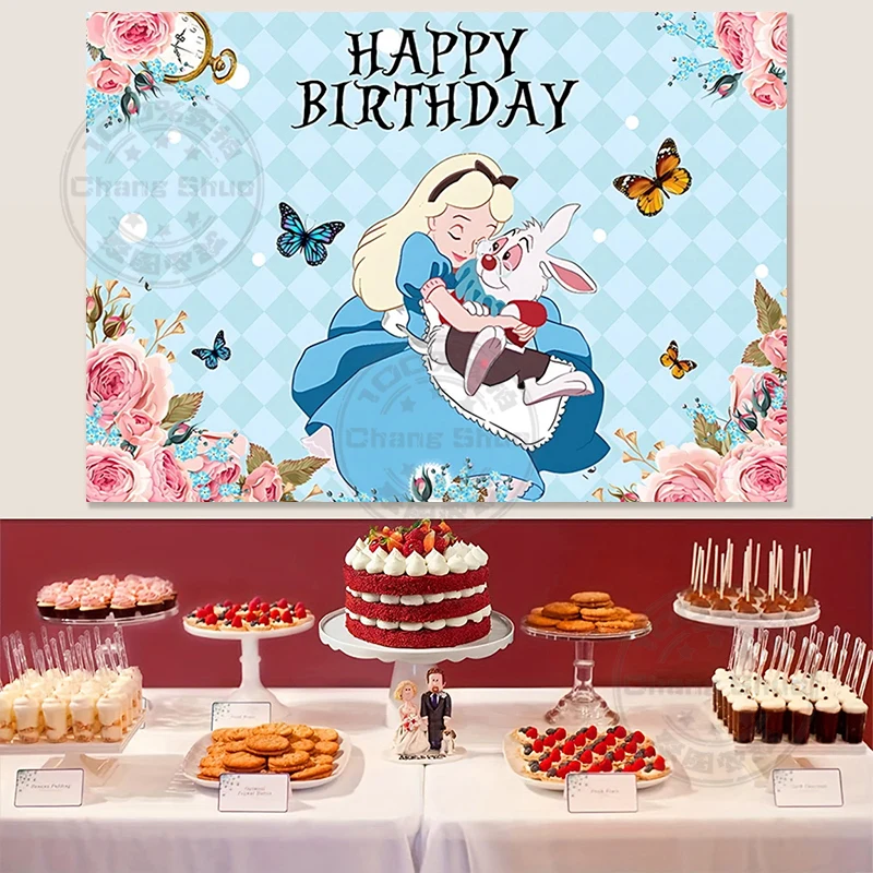 Alice in Wonderland Birthday Party Backdrop Decor White Rabbit Photo Background for Kids Girls Boys Party Photo Props Supplies