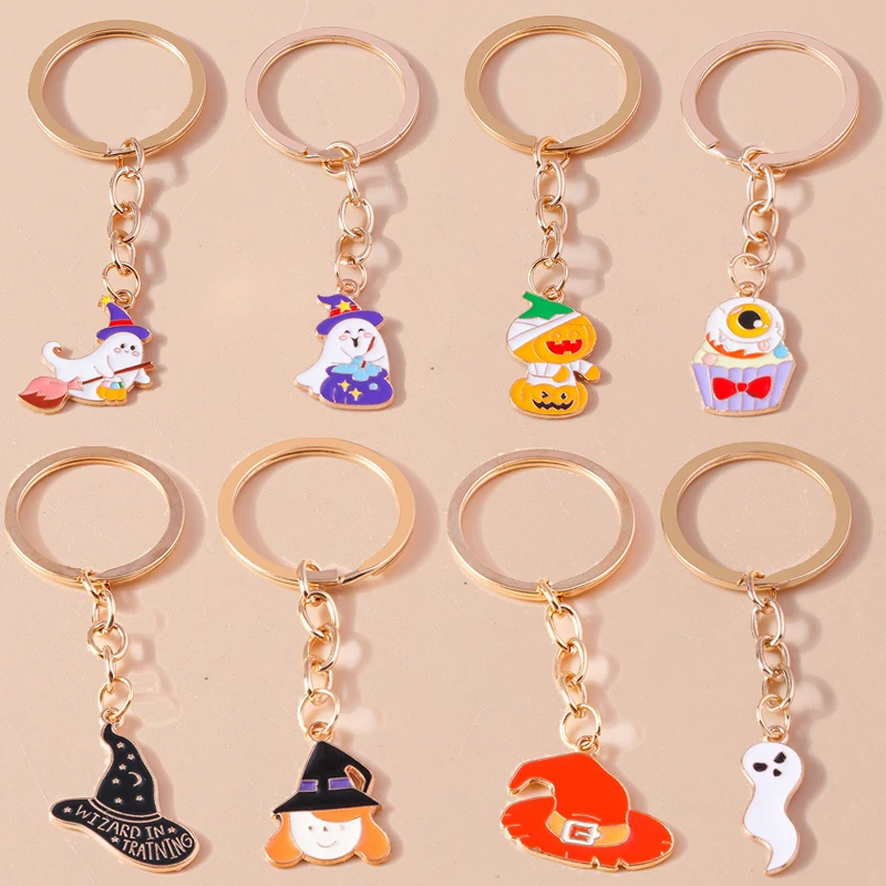 

Cute Enamel Halloween Pumpkin Keychain Ghost Witch Key Ring for Women Girls Handbag Pendant DIY Jewelry Gift