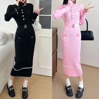 YuooMuoo 2025 Autumn Winter Women Knitted Dress Brand Fashion O-neck Buttons Bodycon Sweater Dress with Belt Lady Office Dress - Image 6