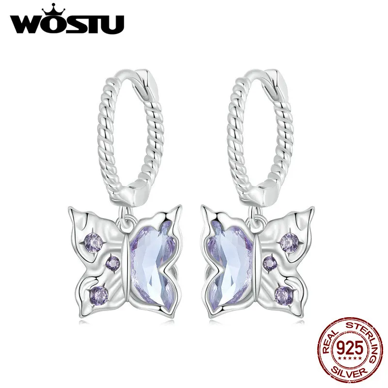 WOSTU 925 Sterling Silver Butterfly Drop Dangle Earrings Women Shiny Purple Crystal CZ Hoop Earrings Wedding Party Jewelry Gift