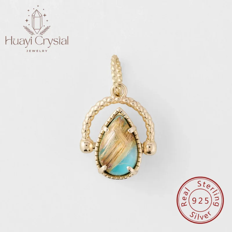 

Dunli jewelry French vintage style double-sided flip S925 silver turquoise gold rutilated quartz water drop pendant