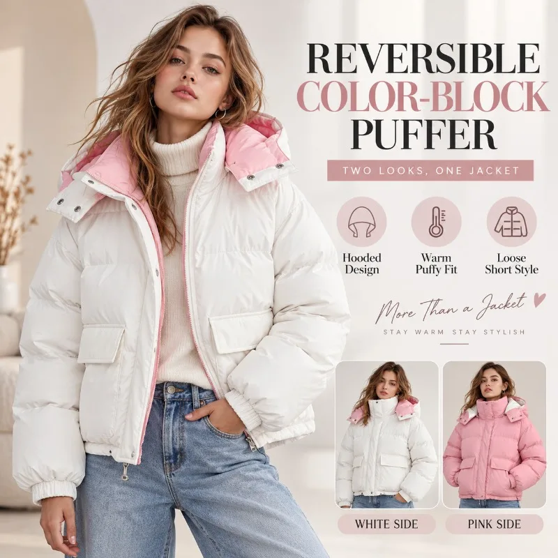 Women Winter Puffer Jacket Oversized Hooded Coat Pink White Color Block Thick Padded Short Outerwear Streetwear