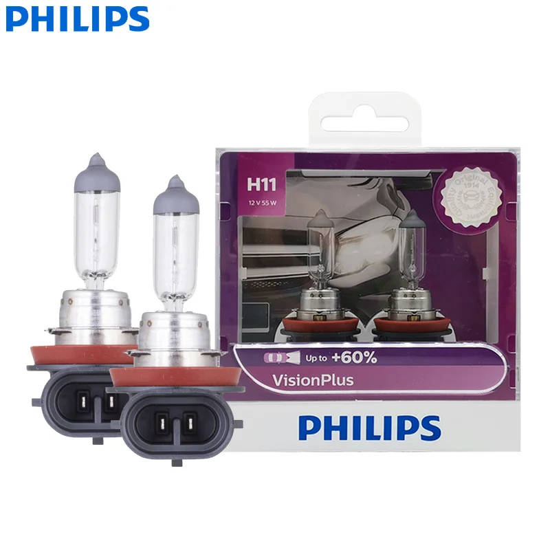 Philips H11 12V 55W PGJ19-2 VisionPlus 3250K Bright Light Up to 60% Vision Halogen Original Car Lamps Headlight 12362VPS2, 2X