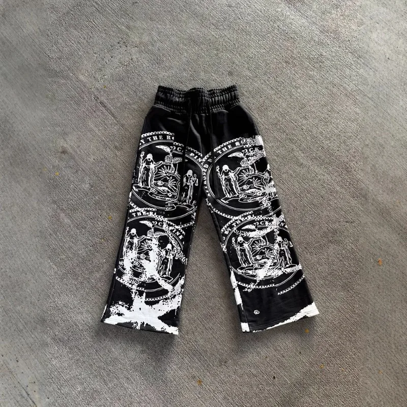 Pantalones de chándal americanos con patrones estampados, pantalones casuales de estilo callejero de anime oscuro, ropa de calle holgada con cordón y cintura elástica