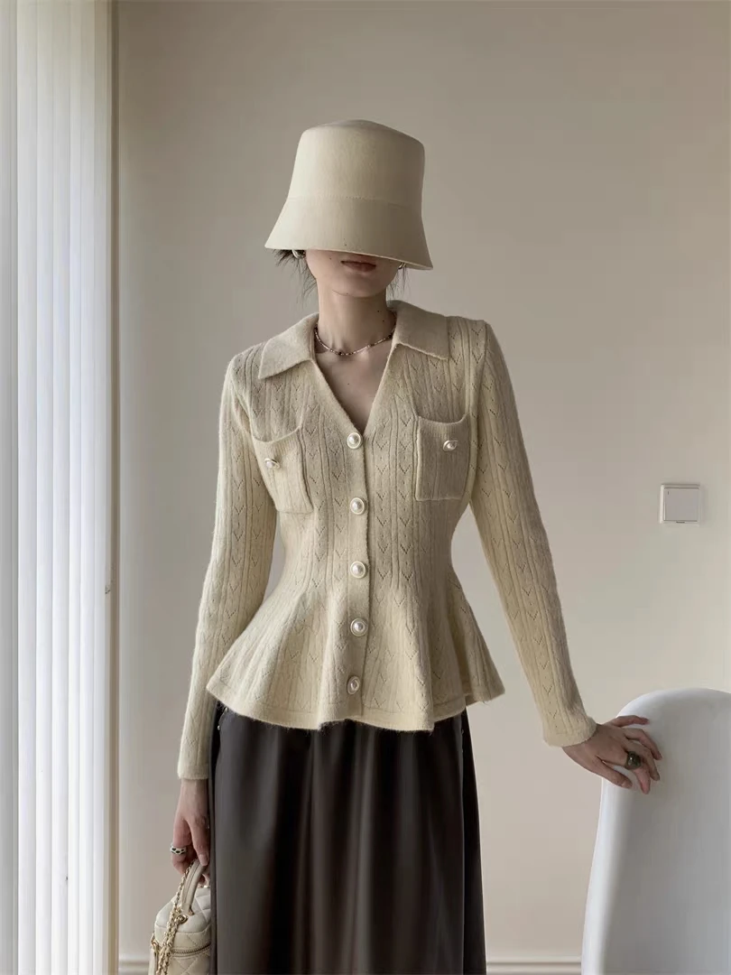 

Женский элегантный кардиган с v-образным вырезом и длинными рукавами, тонкий кардиган с рюшами по подолу, женский весенне-осенний однотонный кардиган, верхняя одежда