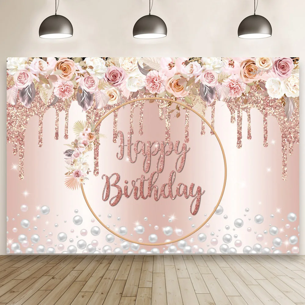 

Rose Gold Happy Birthday Photography Backdrop Pink Flowers Girls Women Birthday Party Photo Background Cake Table Decor Banner