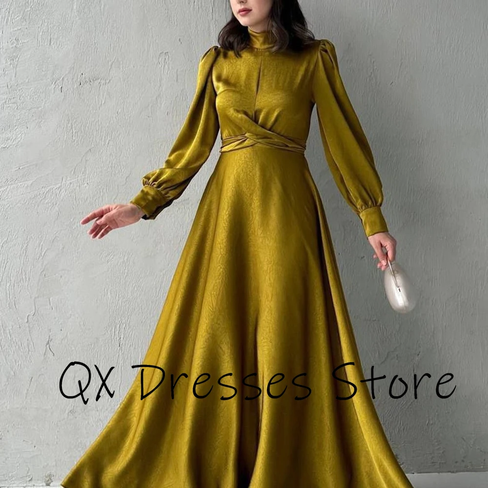 사용자 정의 높은 넥 라인 새틴 이브닝 드레스 풀 슬리브 보우 지퍼 파티 드레스 플리츠 a 라인 바닥 길이 댄스 파티 드레스