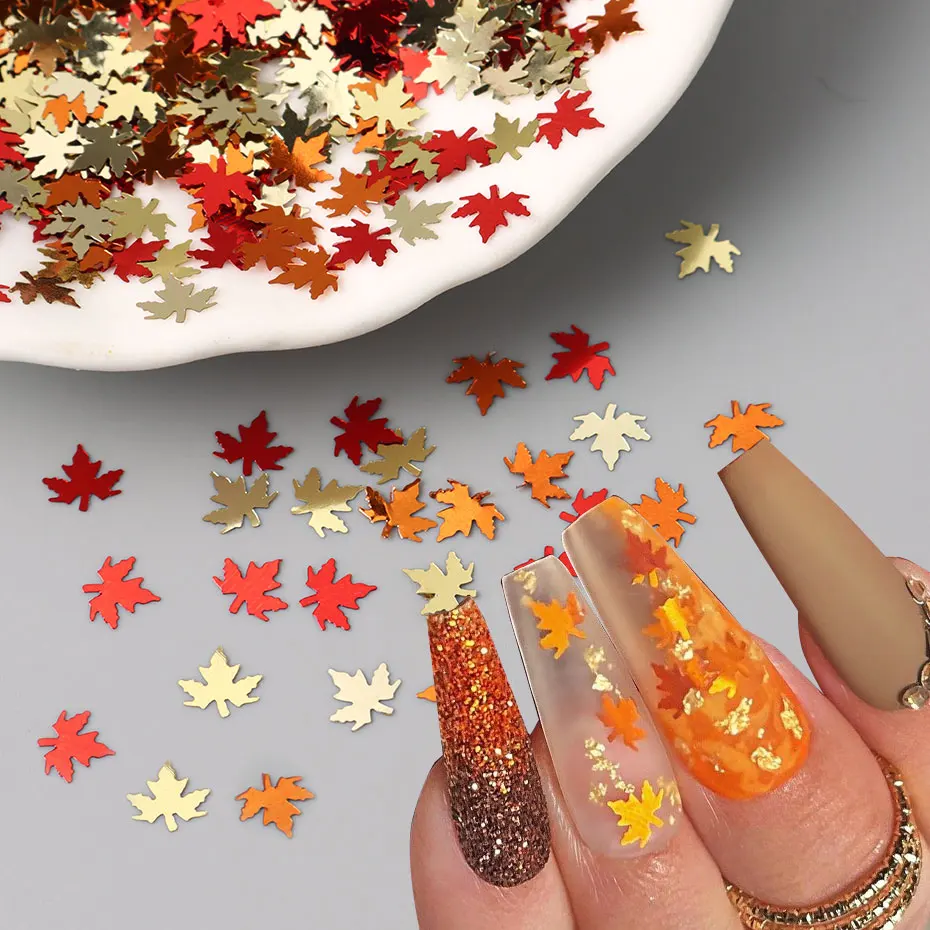 1 paquete de hojas de arce de colores mezclados para decoración de uñas, lentejuelas brillantes, calabaza, hojas rojas y naranjas, copos de resina, abalorio, decoración navideña para uñas de otoño