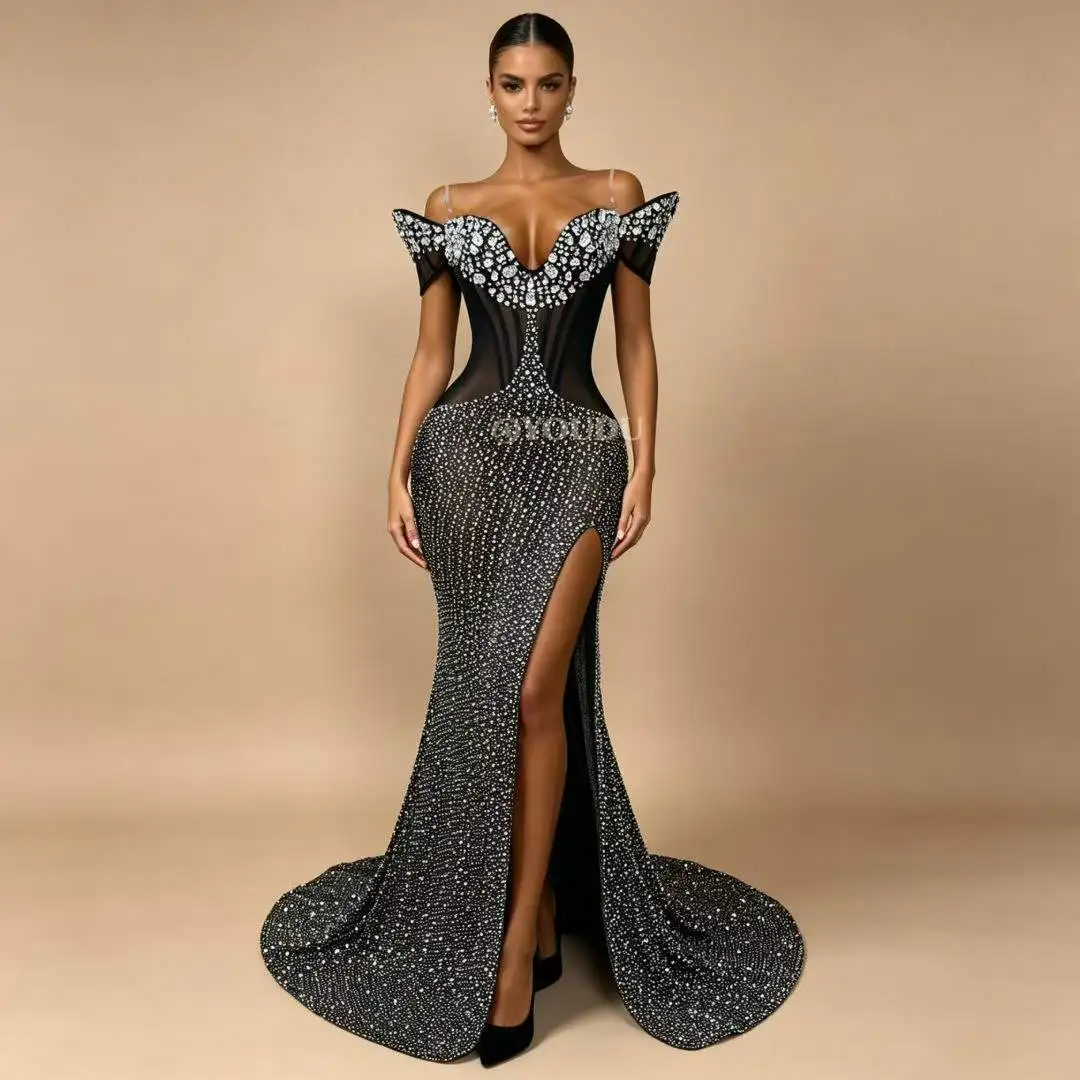 Elegant Luxury Rhinestone Prom Dress Fitted High‑Slit Long Train Evening Gown Sexy Party Dress Wedding Birthday Formal Occasions