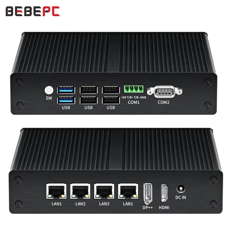 BEBEPC Mini PC Intel N100 2*COM RS485 RS232 Firewall Router 4 LAN DDR4 intel Ethernet i225V i226V Pfsense Linux Windows 11 4K