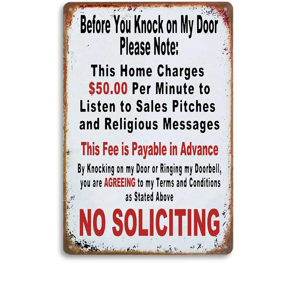 Vintage Metal Tin Sign - Humorous No Soliciting Message, 50 Charge Warning, Pre-Payment Required, Door Policy Sign, Funny Privac