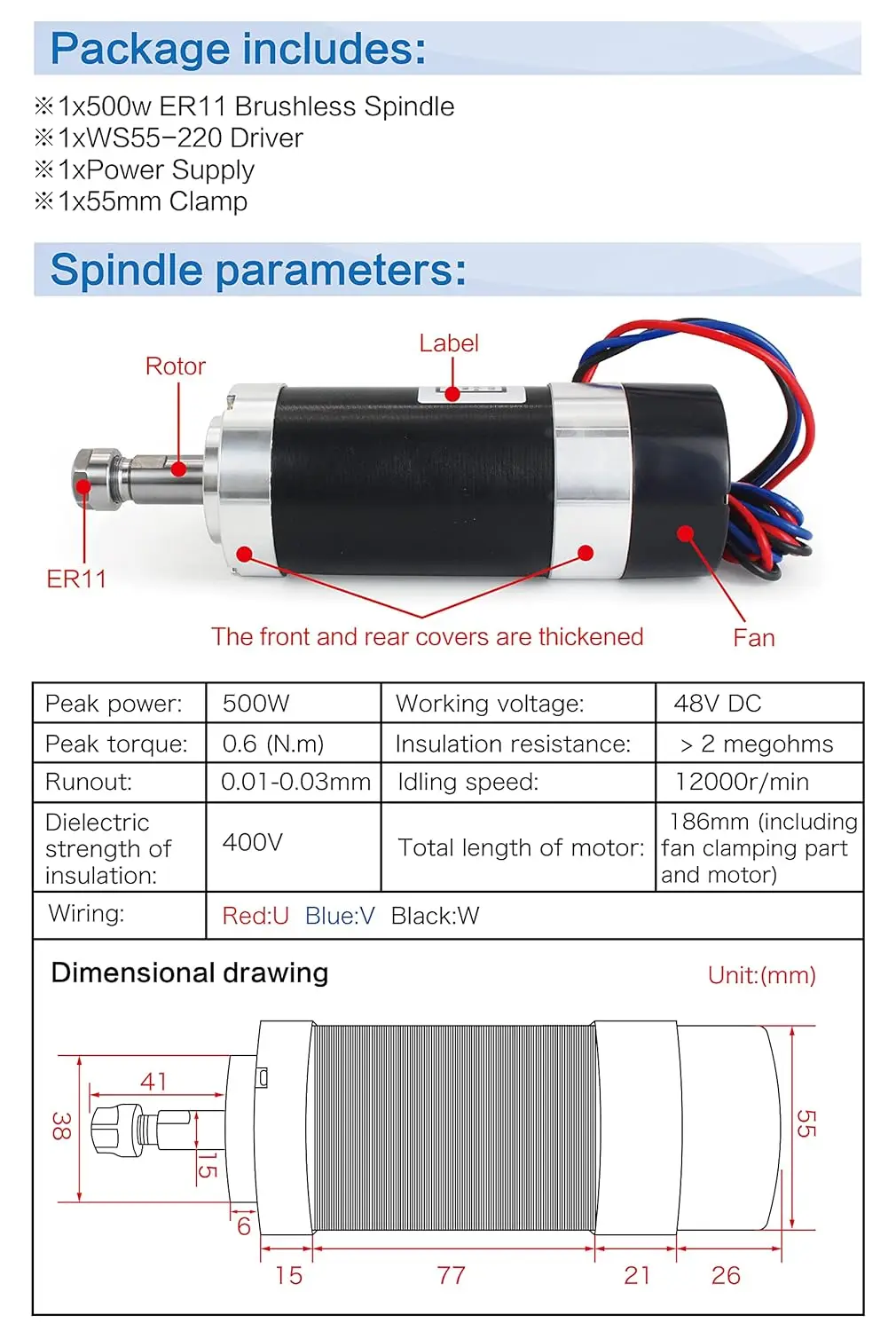 Brushless 500W ER11 48V Air Cooled DC Spindle Motor 0.6N.m 12000RPM CNC Router Milling With BLDC Driverr