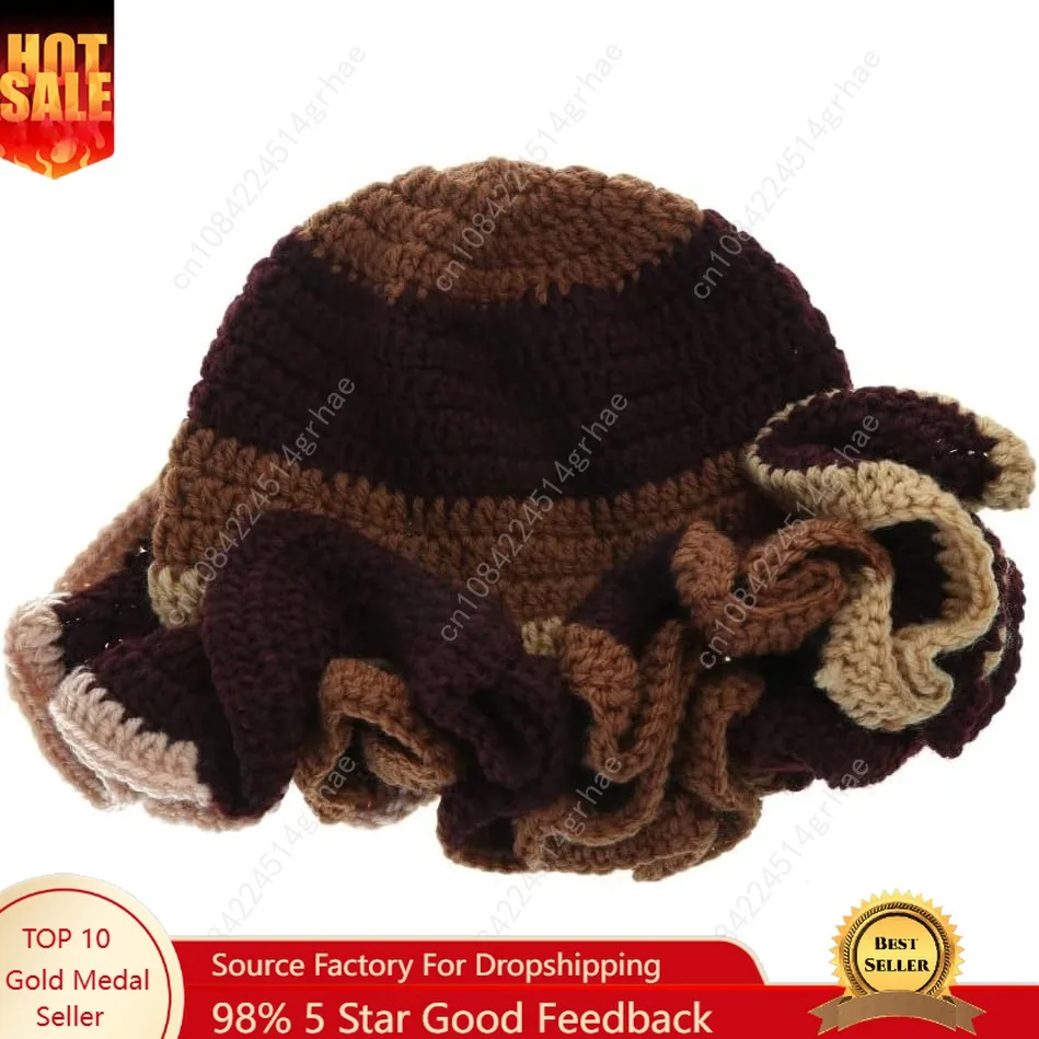 

Hat, Adult Crochet Bucket Hat Handmade Ruffled Brim Fisherman Hat Windproof Hat