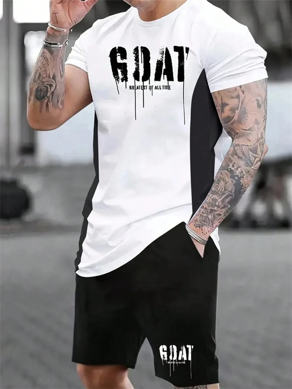 Men's Summer Two-piece Sports Style GOAT Monogram Print T-shirt Casual Short-sleeved Drawstring Shorts Men's Summer Wear