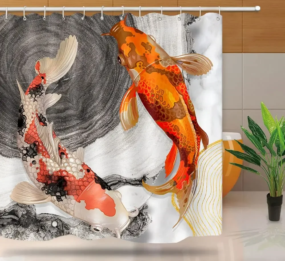 Funny Fantasy Koi Fish Cool Cat Shower Curtain, Magical Animals Fairy Tale Fun Cartoon Art Waterproof Fabric Bathroom Decor Sets