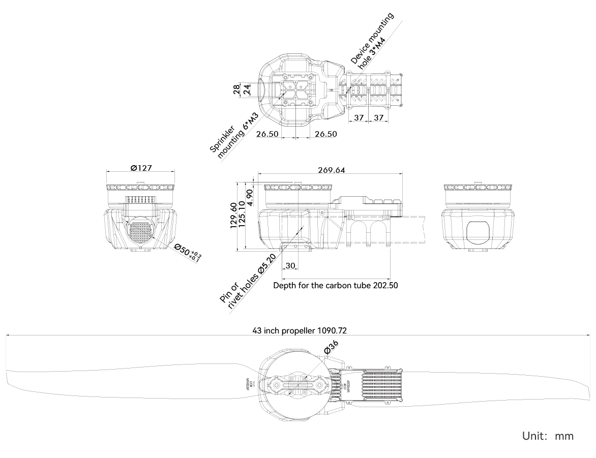Motor agrícola integrado elétrico industrial 30L 40L A12L 24S com hélice Esc