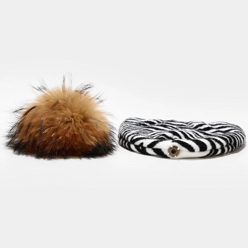 R1WE 女性男性かわいい牛ヒョウゼブラプリントビーニー帽子取り外し可能なポンポン厚みのある二重層暖かい原宿ニットキャップ