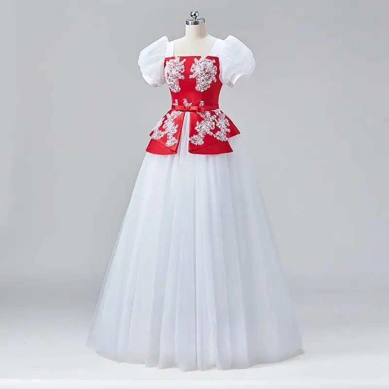 Immagine reale bianco rosso principessa abiti per occasioni formali manica corta lungo dolce 15 16 ragazza festa di compleanno vestito da ballo Quinceanera