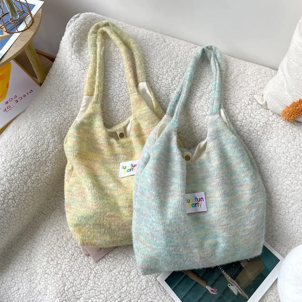 

Strip Plush Wool Shoulder Bag Rainbow Color Korean Style Vacation Tote Bag Large Capacity Office Worker Tote Shoulder Bag