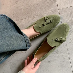 Women Flats Korea Style Simple Flat Shoes Genuine Leather Lady Mules Spring Autumn Women Fringe Flats Round Toe Loafers