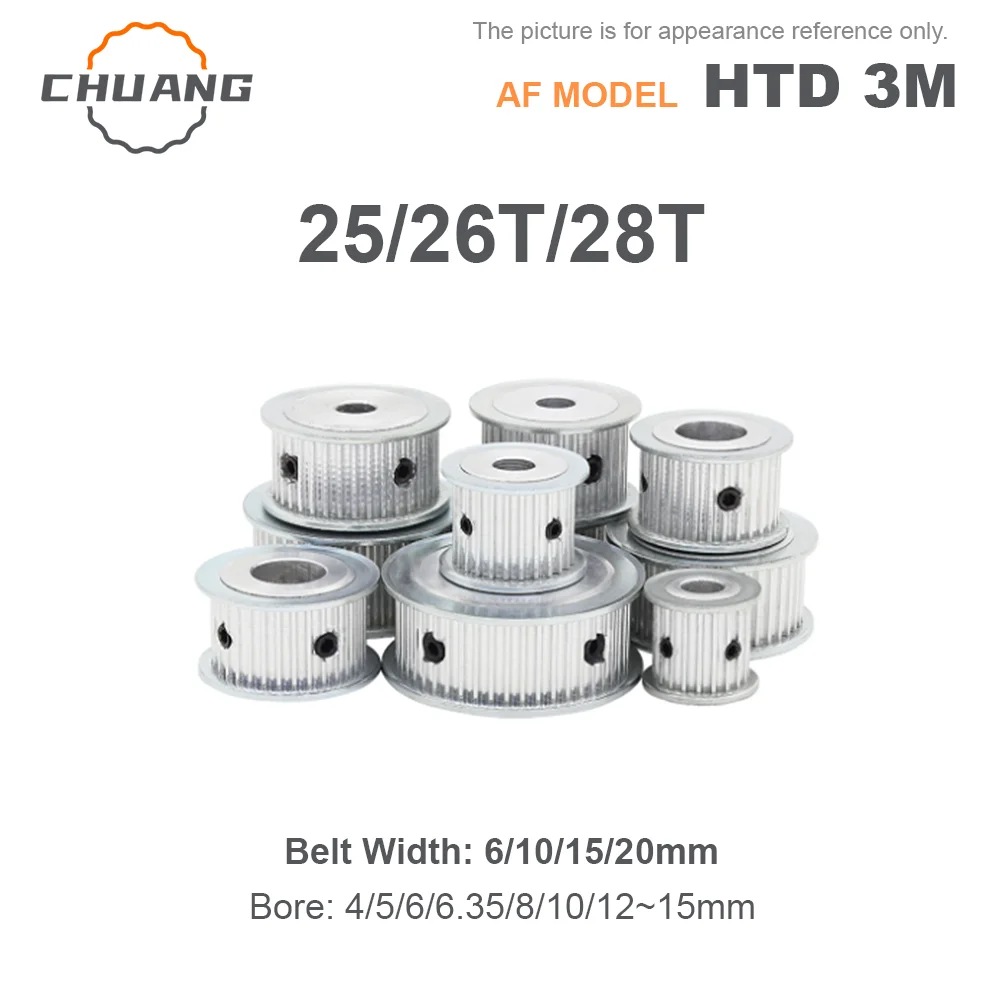 

HTD 3M 25T/26T/28Teeth Timing Pulley Bore 4/5/6/6.35/8~15mm For Belt Width 6/10/15/20mm Toothed Gear Pulley HTD3M AF Type