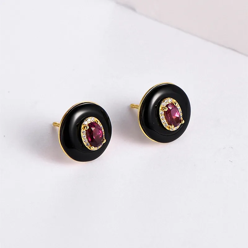 Black Agate Red Garnet 925 Sterling Silver Stud Earrings For Women 2023 New Simple Minimalism Gemstone Small Earrings Gift