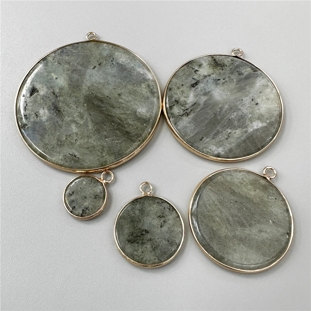 Fashion Flat Round Healing Stone Pendant Natural Obsidian Rose Quartzs Amazonite Charms For Jewelry Making DIY Earrings Necklace